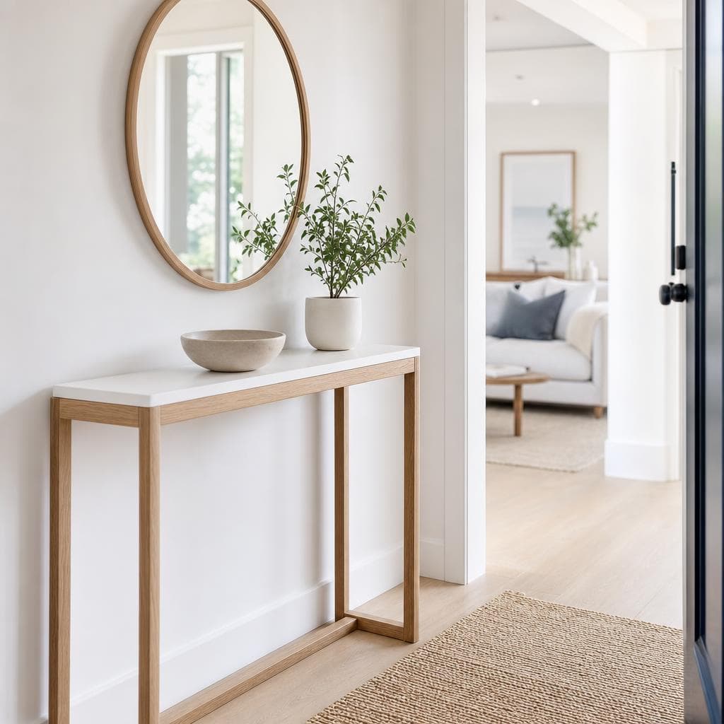 White and oak console table in a hallway